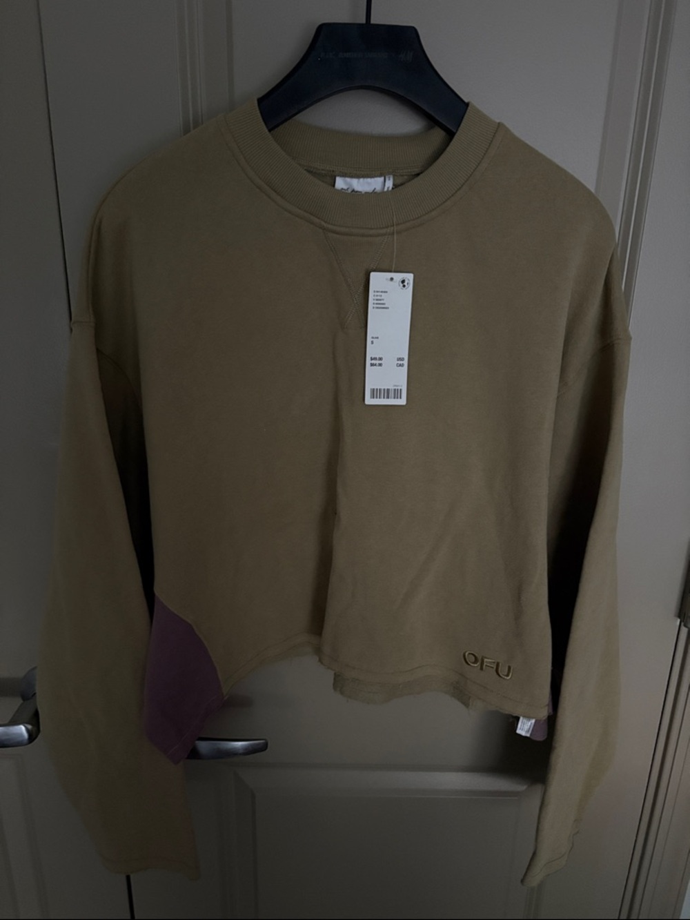 Olive Green Crop Sweatshirt with Purple Accent